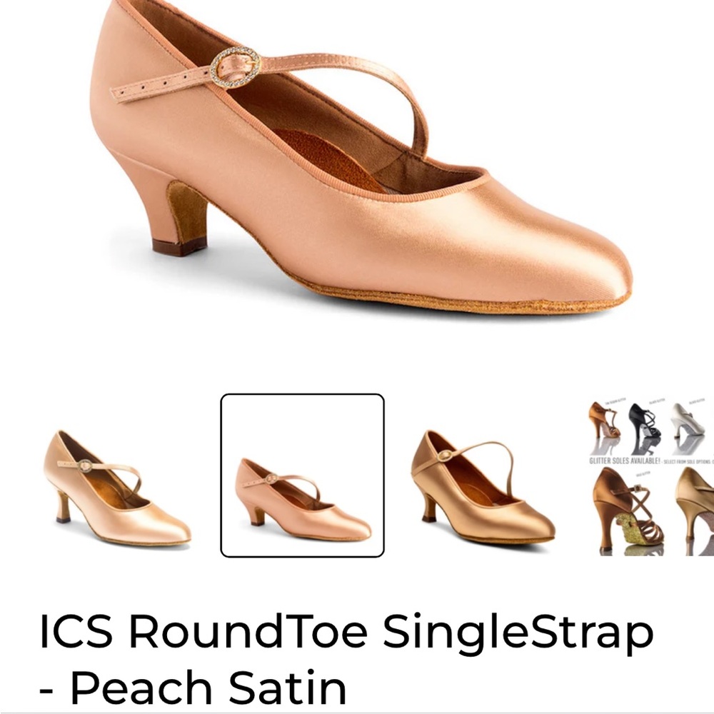 International Dance Shoes ICS Round Toe Single Strap Peach Satin Ballroom Shoes